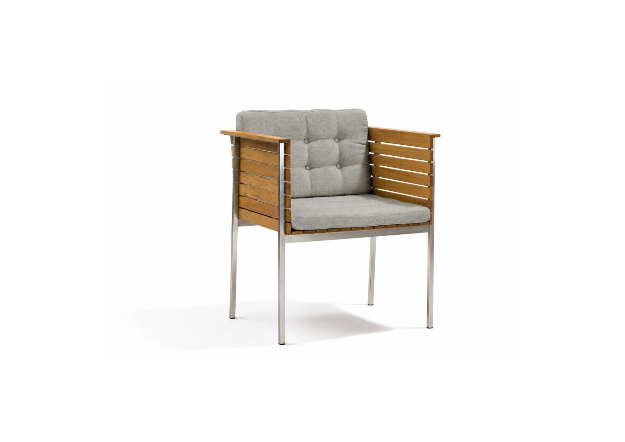 Häringe dining armchair by Skargaarden in teak and stainless steel with Agora Fossil Grey outdoor cushion.
