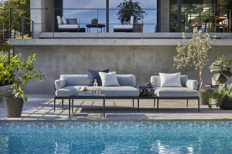 Perfect for poolside lounging, the Anholt collection, which is covered in a robust, waterproof fabric, is high on durability and low on maintenance.