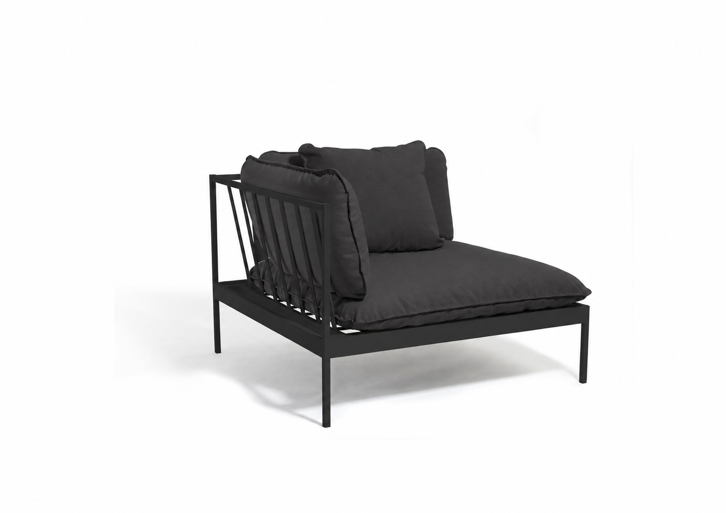 Bonan outdoor corner module with dark grey cushions and black frame by Skargaarden