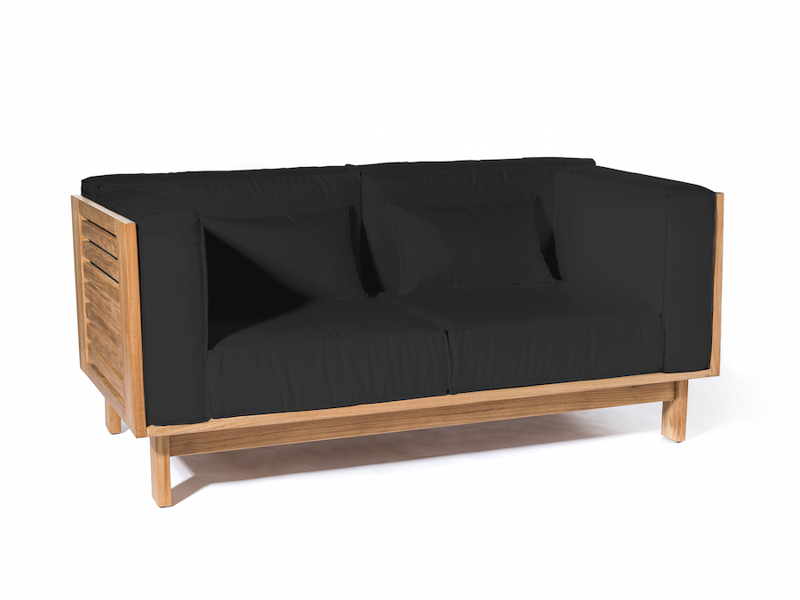Black skanör 2-seater outdoor sofa by Skargaarden with teak frame and dark upholstered cushions on a white background.